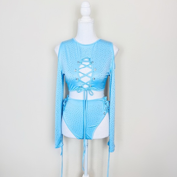 Baby Blue Rhinestone Cut Out Lace Up Long Sleeve Crop Top & Bottoms Rave Set - Picture 6 of 12